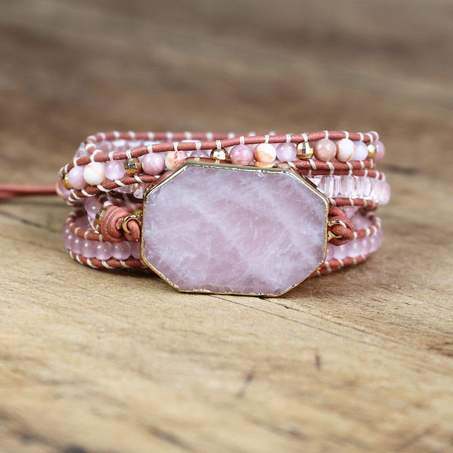 Handmade Pink Quartz Leather Bracelet